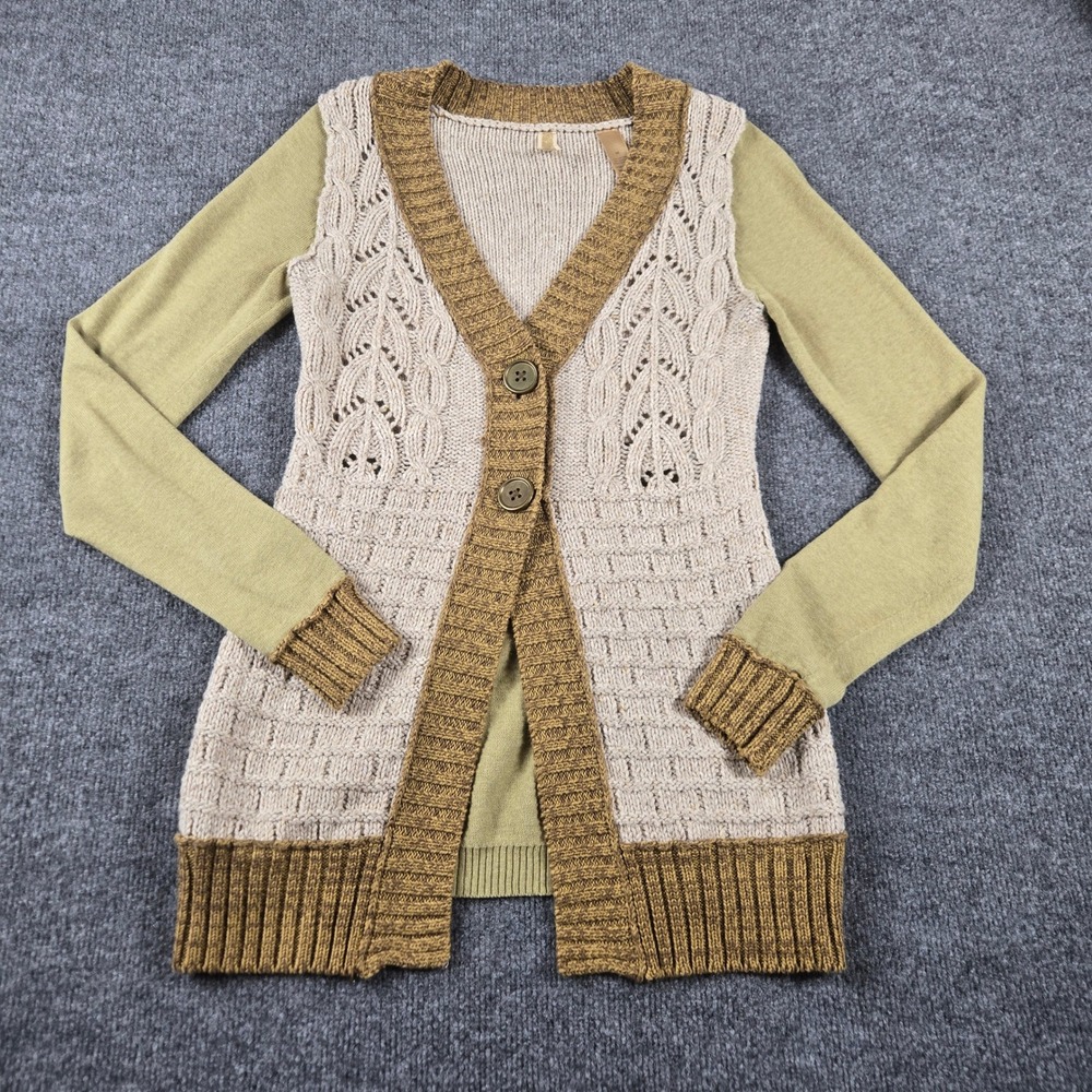 BKE Mixed Knit Cardigan Sweater Womens Medium Green Cream Brown Boho